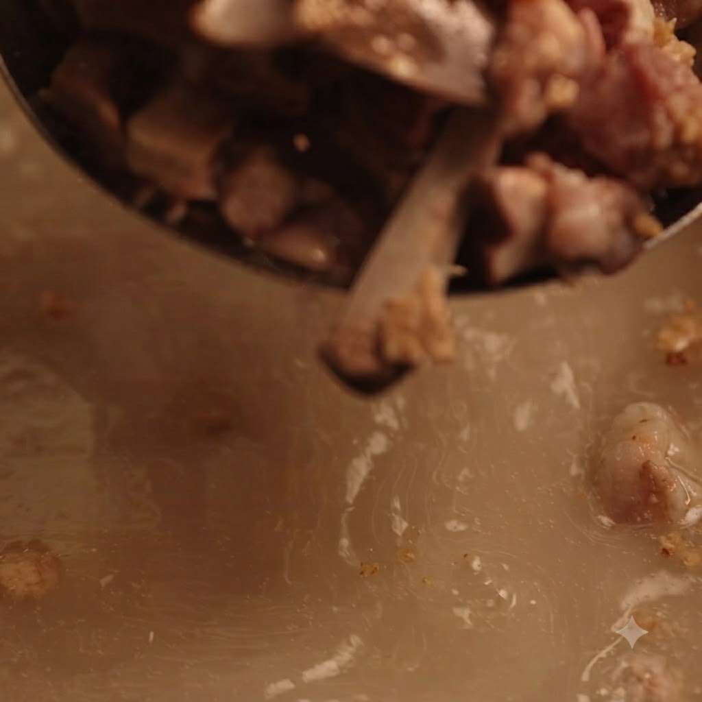 Huesos de cerdo cocidos levantándose del caldo usando utensilios de cocina.