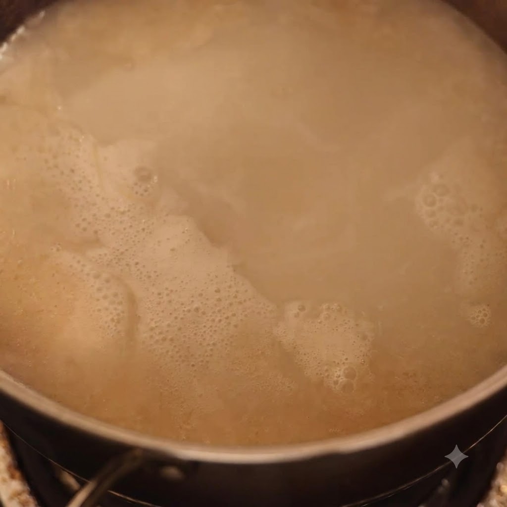 Carne triturada mezclándose en una olla de caldo tonkotsu a fuego lento.