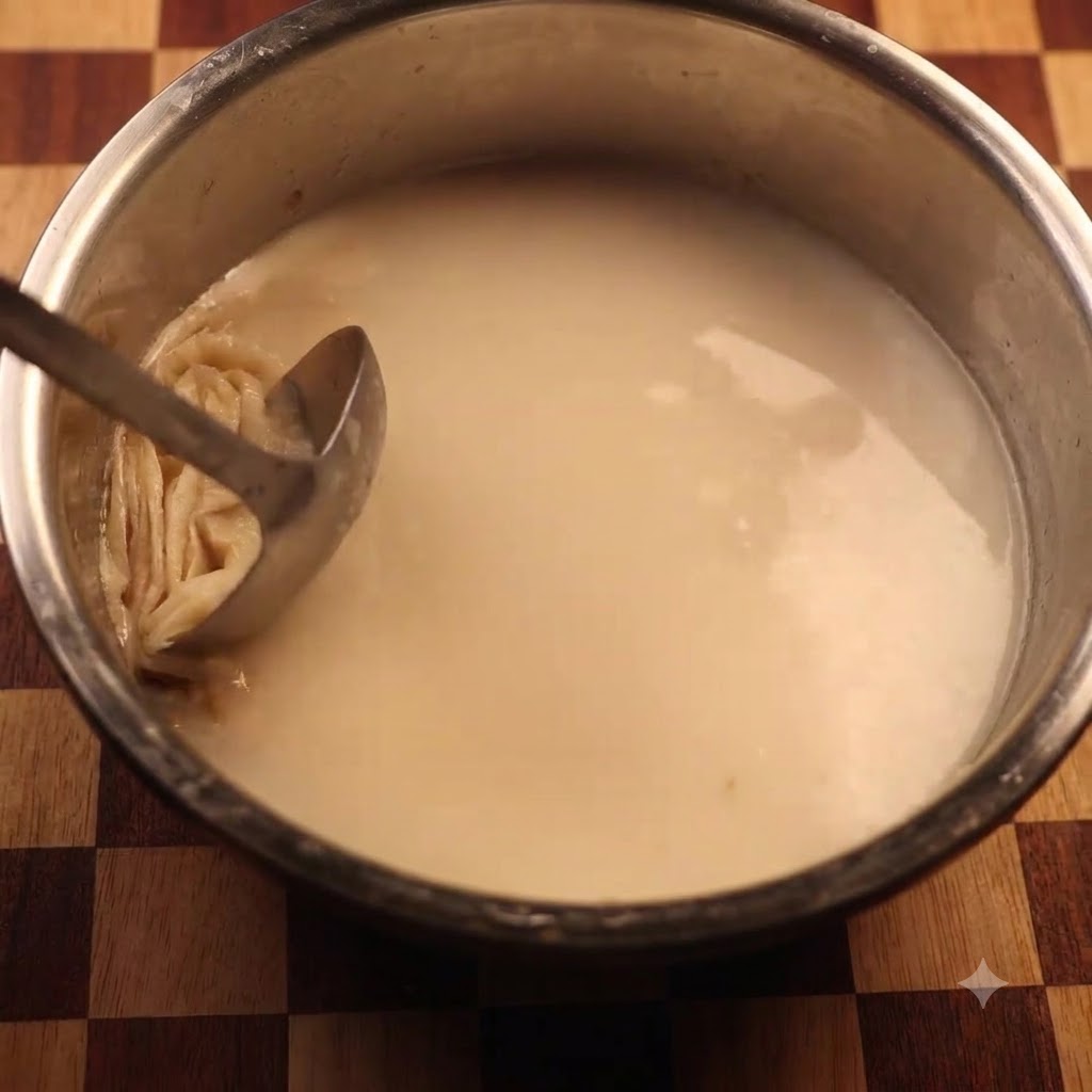 Un cucharón quitando una capa delgada de aceite de la parte superior de una sopa de hueso de cerdo blanca lechosa en una olla de metal.