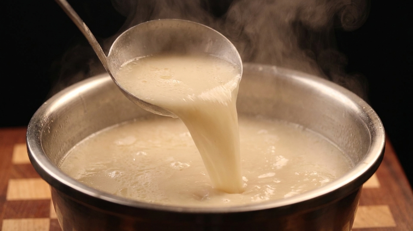 Un primer plano de un cucharón de acero inoxidable levantando sopa de hueso de cerdo cremosa y de color blanco lechoso de una olla