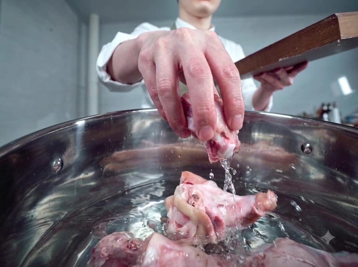 Huesos y manitas de cerdo crudos colocados en una olla de acero inoxidable llena de agua fría.