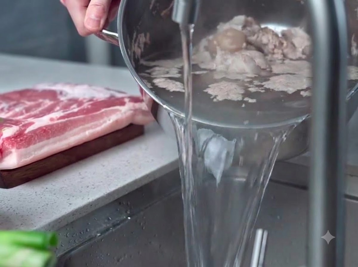 Un bol de metal con huesos de cerdo blanqueados y espuma siendo enjuagados bajo el agua corriente en el fregadero de una cocina.