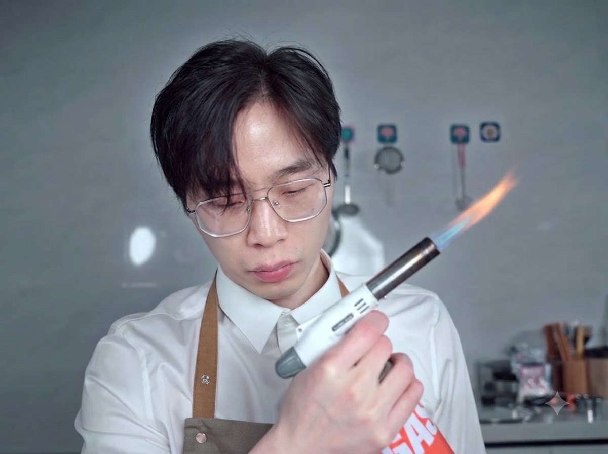 Una persona con gafas y uniforme de chef blanco sosteniendo un soplete de cocina encendido.