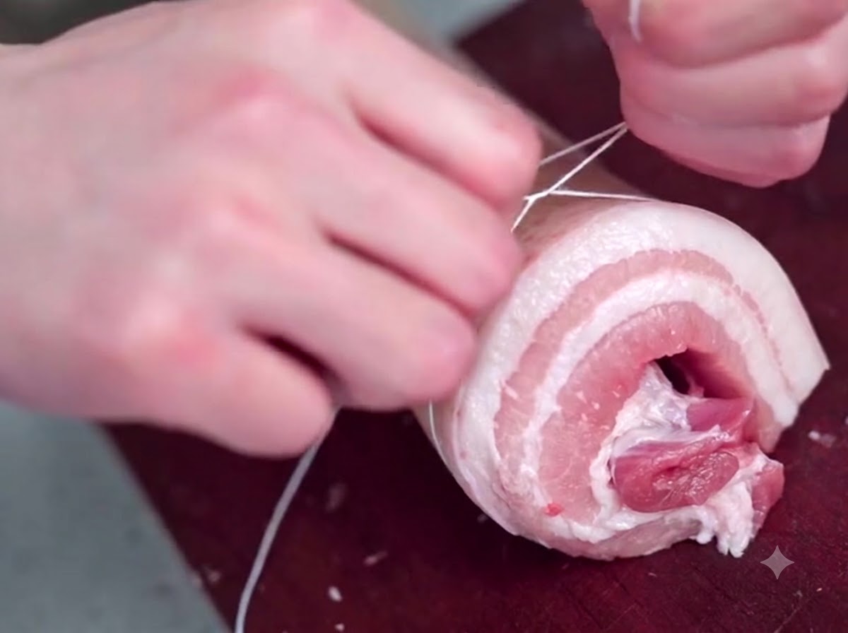 Un par de manos envolviendo hilo de carnicero firmemente alrededor de un trozo enrollado de panceta de cerdo cruda.