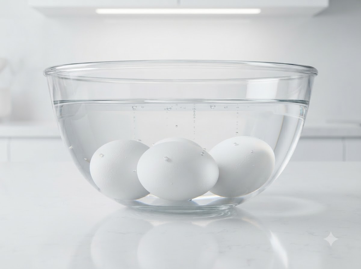 Tres huevos cocidos sumergidos dentro de un bol de cristal transparente lleno de agua fría y hielo.