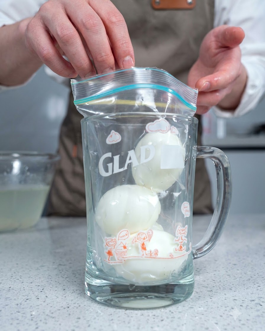Huevos pasados por agua pelados colocados dentro de un recipiente de almacenamiento de vidrio o taza.