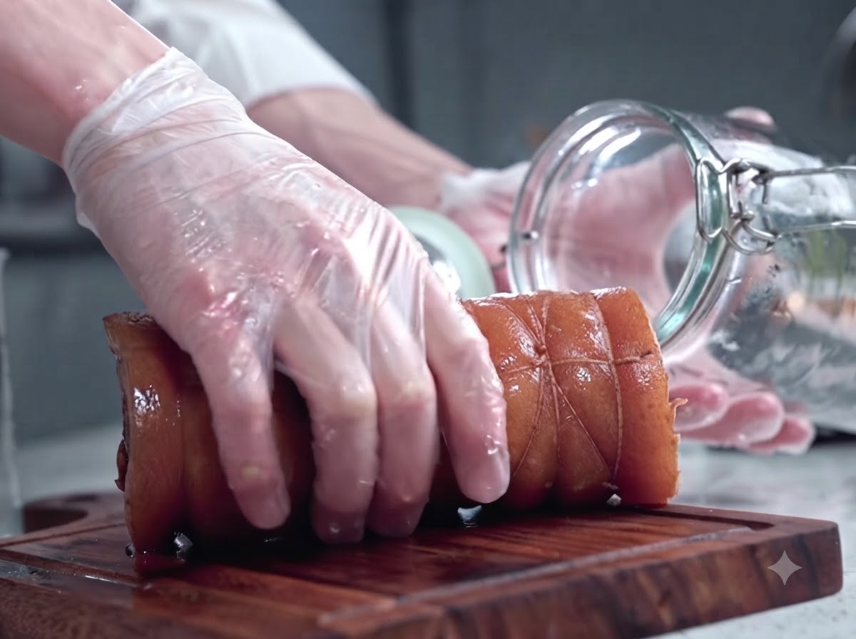 Manos con guantes transfiriendo un rollo de panceta de cerdo cocido y atado a un frasco de vidrio transparente grande sobre una tabla de madera.