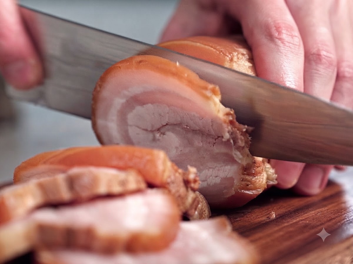 Primer plano de un cuchillo afilado cortando un rollo de panceta de cerdo marinado y atado en trozos circulares gruesos sobre una tabla de cortar.