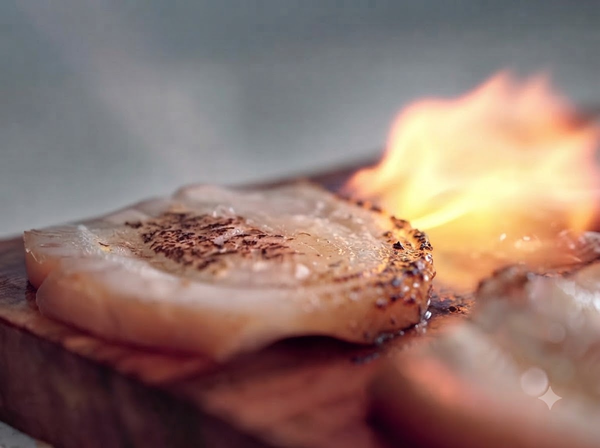 Un soplete culinario dirigido a una rodaja de chashu de cerdo que descansa sobre una tabla de madera, produciendo una llama brillante y carbonizando la superficie.