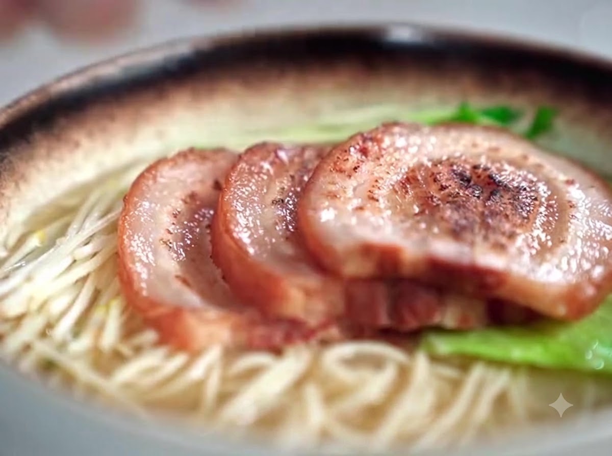 Vista de cerca de un tazón de ramen terminado con fideos en caldo cubierto con rodajas de chashu selladas superpuestas y verduras frescas.