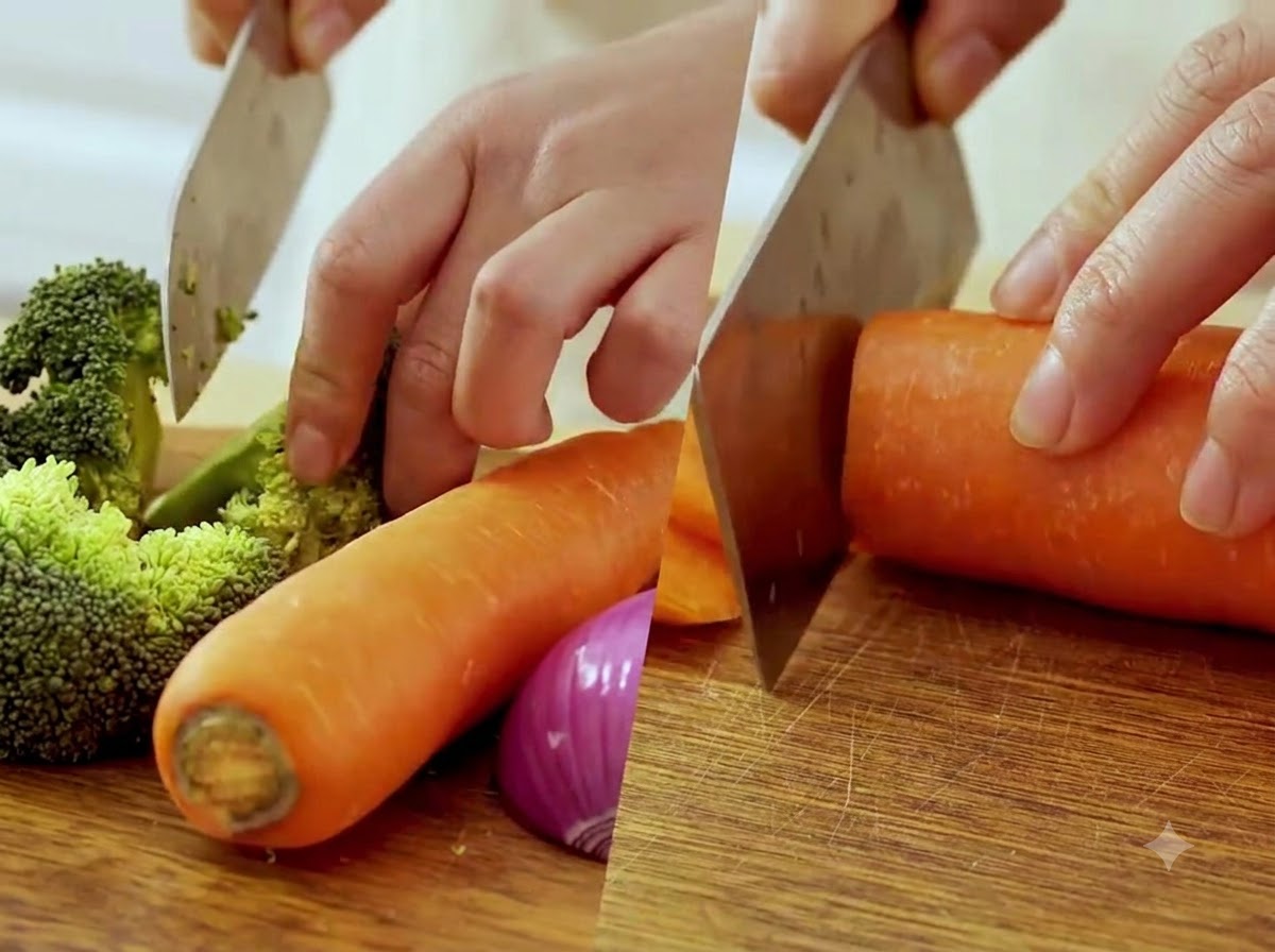 Un par de manos cortando floretes de brócoli y trozos de zanahoria en una tabla de cortar de madera.