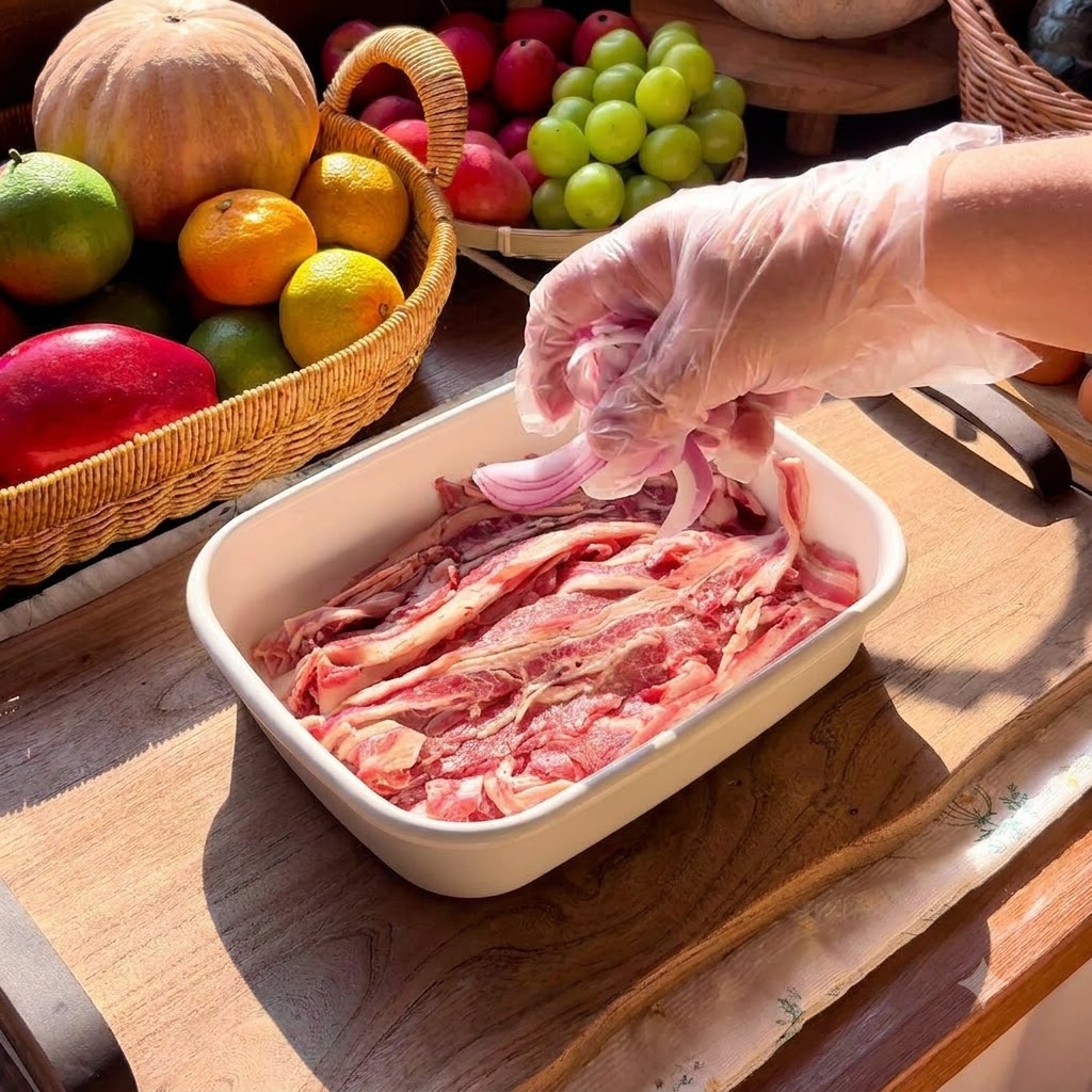 Ternera cortada finamente dispuesta en un plato rectangular blanco con cebollas rojas en rodajas colocadas encima.