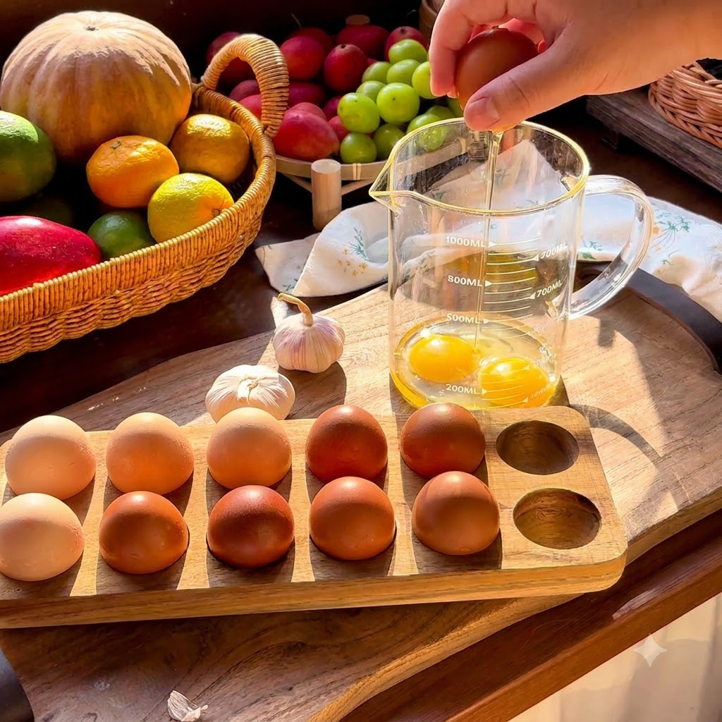 Huevos siendo cascados en una taza medidora de vidrio junto con condimentos como pimienta negra y sal.