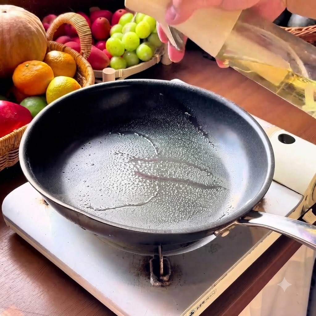 Palitos de cangrejo desmenuzados colocados sobre huevos que se cocinan en una sartén antiadherente caliente.