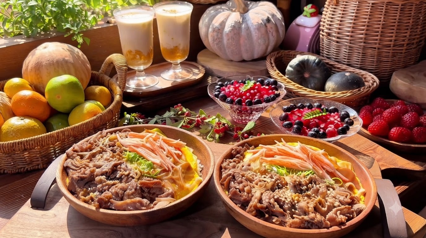 Tazón de Arroz con Ternera y Huevos Revueltos con Palitos de Cangrejo y Leche de Calabaza con Osmanthus de Otoño