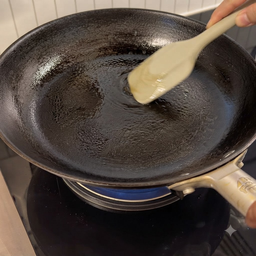 Una sartén negra con aceite de cocina siendo revuelta con una espátula de silicona sobre un quemador.