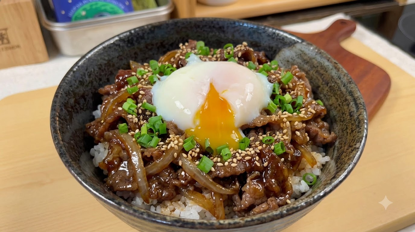 Tazón de Arroz con Ternera Estilo Teriyaki y Huevo Onsen