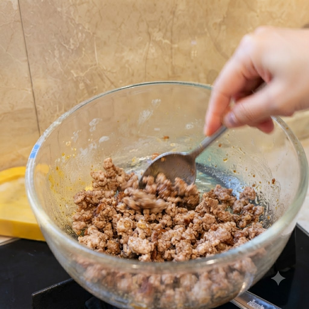 Carne picada sazonada dentro de un tazón de vidrio siendo recogida con una cuchara.