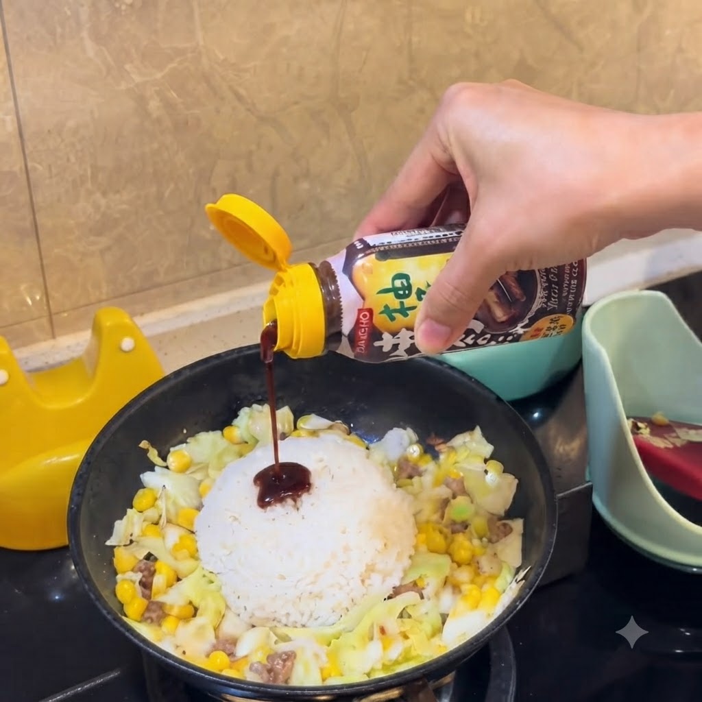 Una botella de salsa barbacoa siendo exprimida para rociar salsa oscura sobre el montículo de arroz blanco en la sartén.