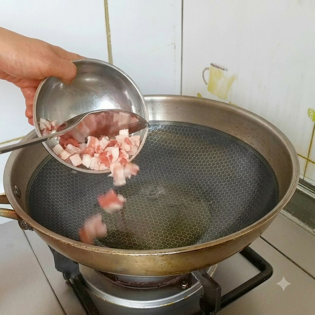 Panceta de cerdo en dados siendo vertida desde un cuenco pequeño a un wok de acero inoxidable caliente y aceitado.