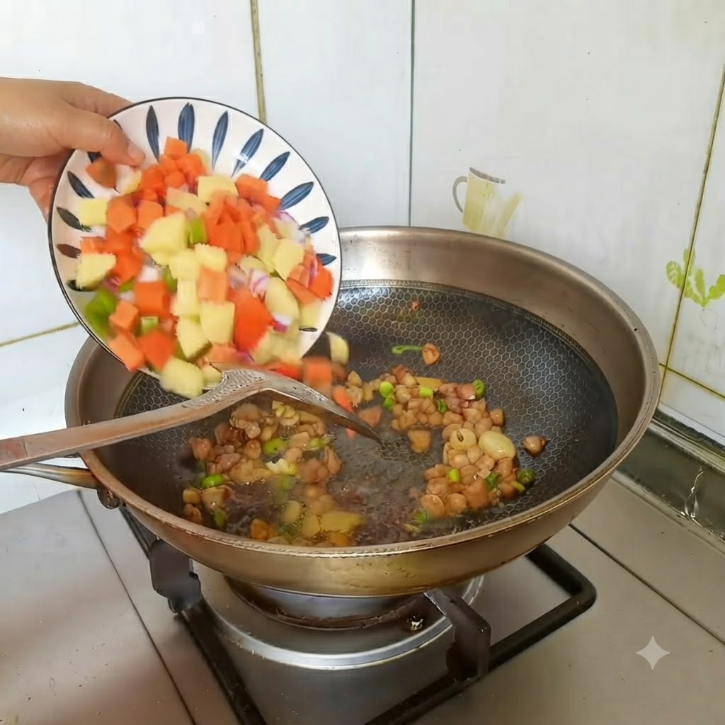 Un plato de dados coloridos de patatas, zanahorias y pimientos verdes siendo añadidos al wok.