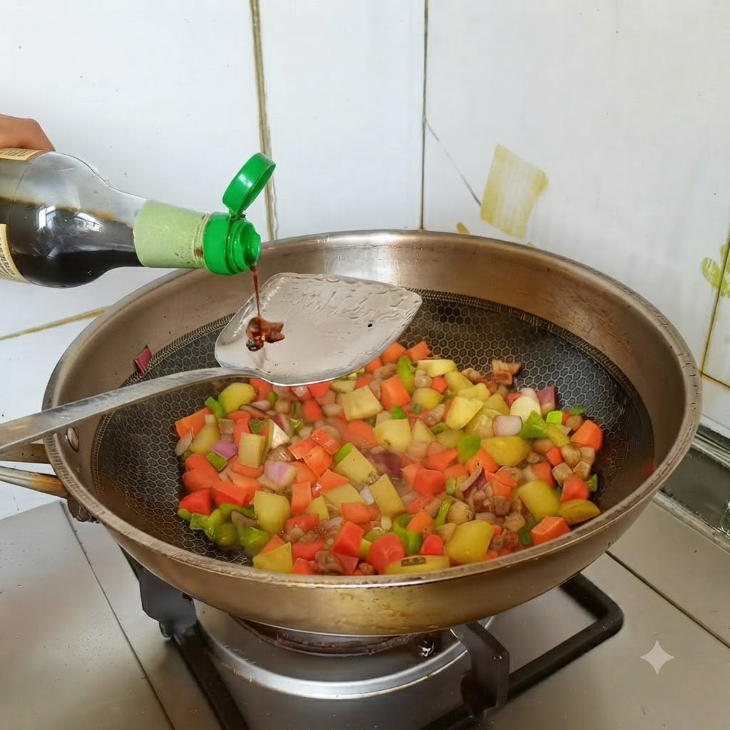 Salsa de soja ligera siendo vertida desde una botella sobre una espátula hacia la mezcla de verduras y carne.