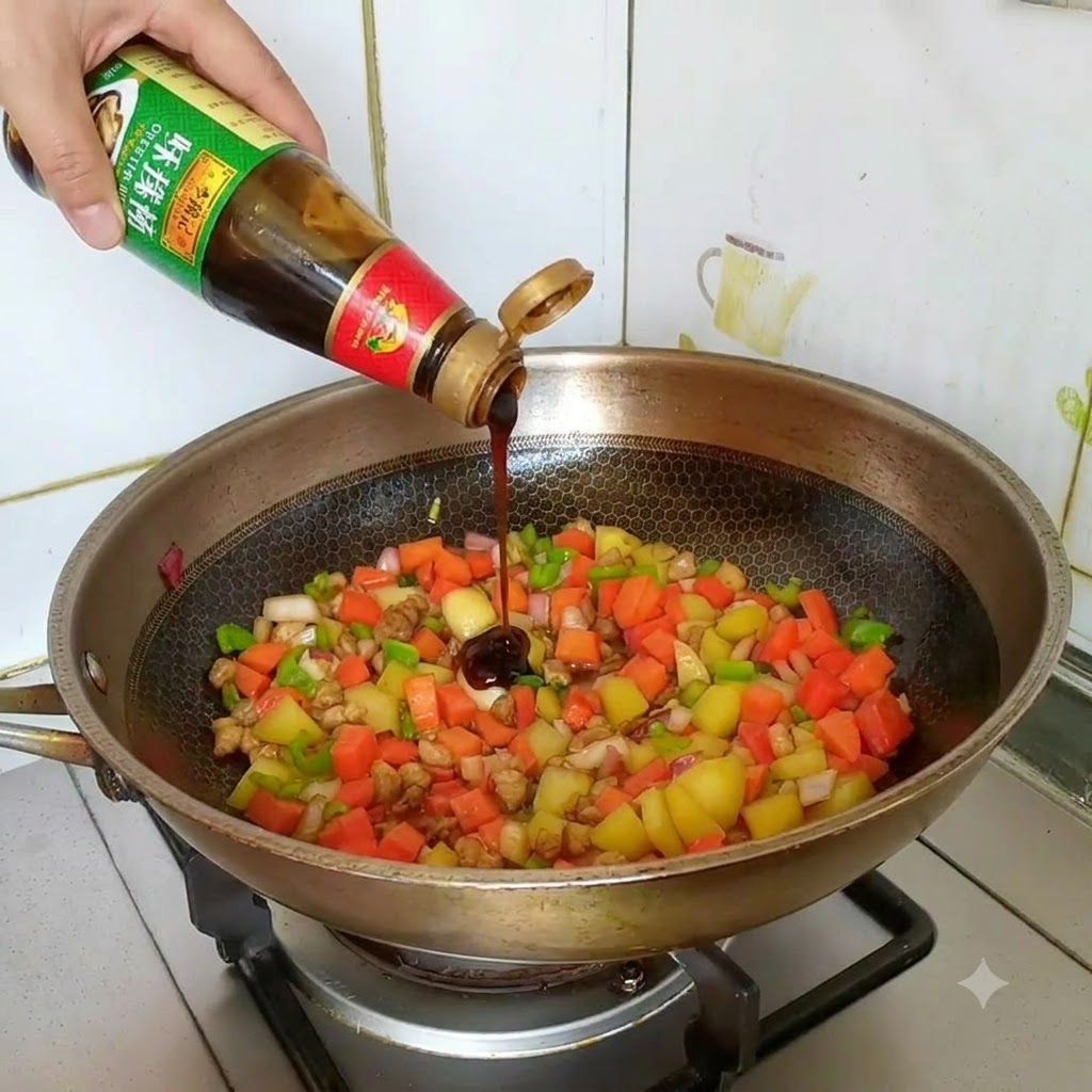 Salsa de ostras siendo vertida desde una botella exprimible directamente en la mezcla de verduras salteadas.