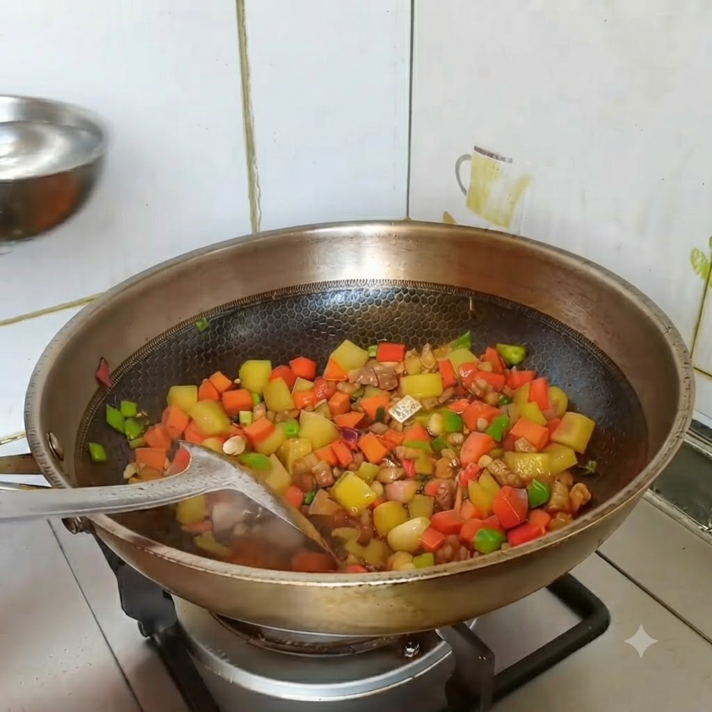 Un cuenco pequeño de agua siendo vertido en el wok sobre los ingredientes antes de añadir el bloque de curry.