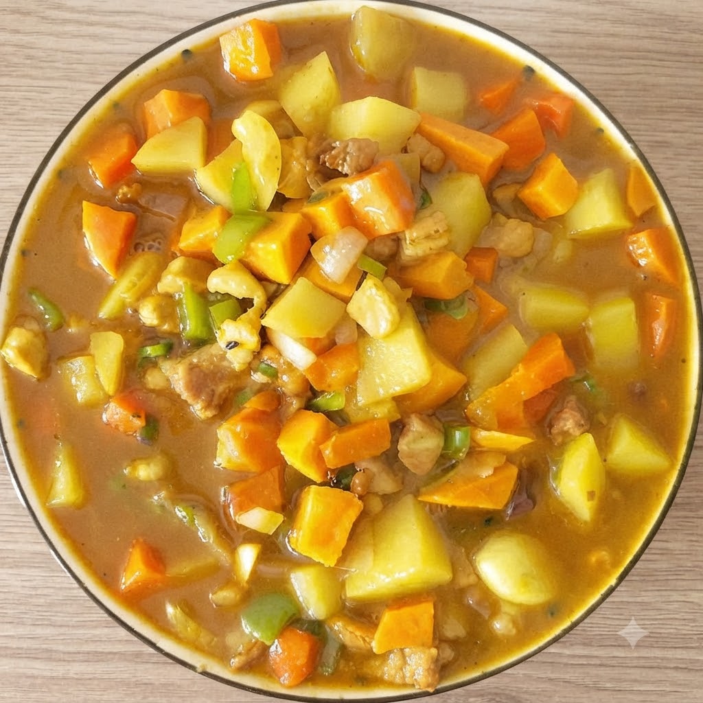 Un bloque de curry sólido arrojado a un wok hirviendo a fuego lento lleno de verduras y caldo.