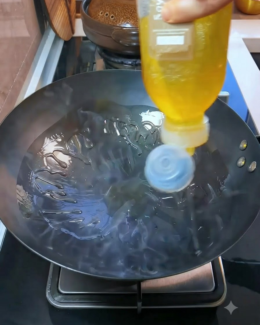 Aceite de cocina siendo vertido desde una botella amarilla en un wok caliente.