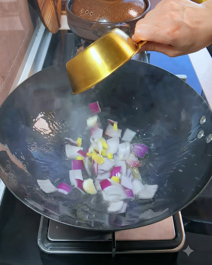 Cebollas moradas picadas y ajo siendo vertidos desde un tazón dorado pequeño en un wok con aceite caliente.