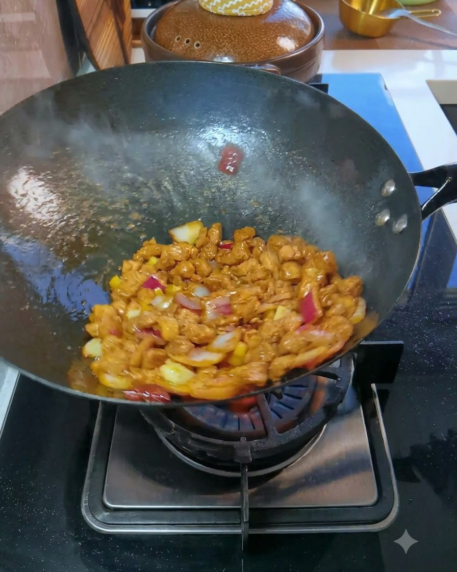 Cerdo en cubitos y cebollas moradas siendo salteados en el aire en un wok caliente sobre una llama de gas abierta.