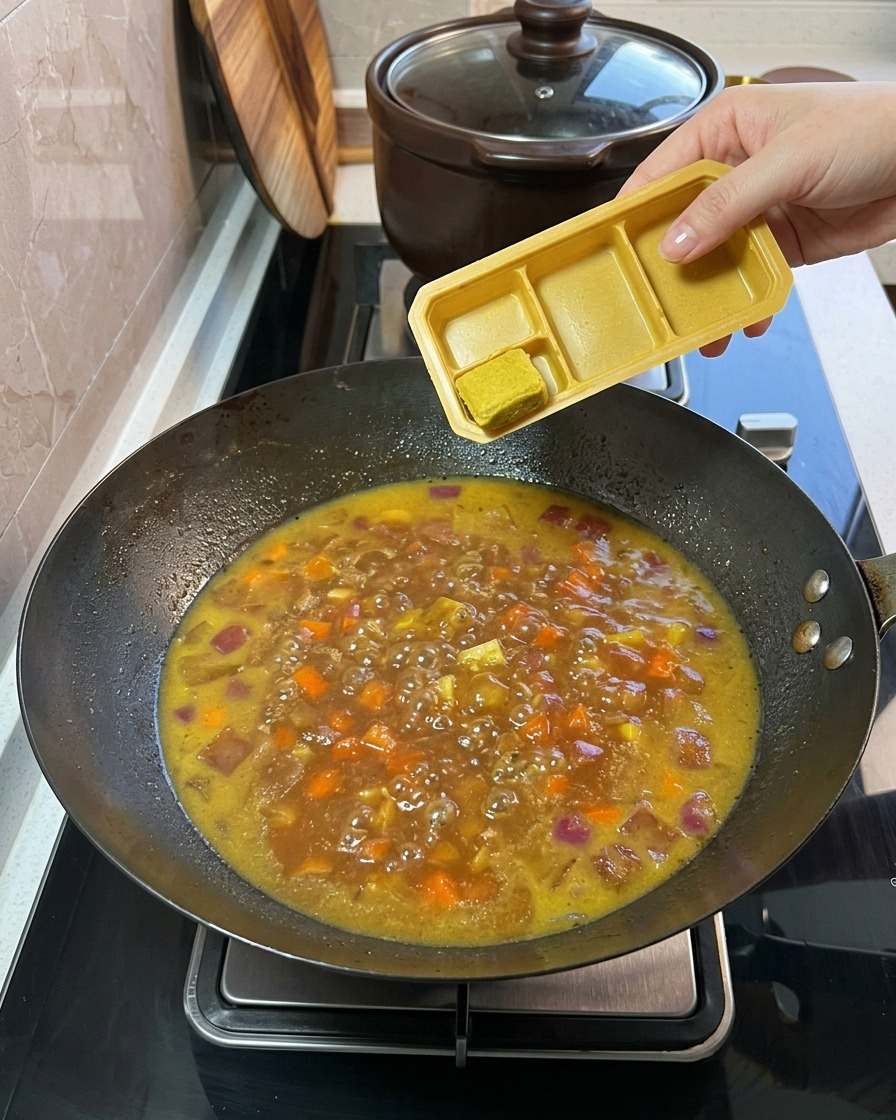 Cubos de curry sólidos siendo añadidos desde una bandeja de plástico a la mezcla de verduras y caldo a fuego lento.
