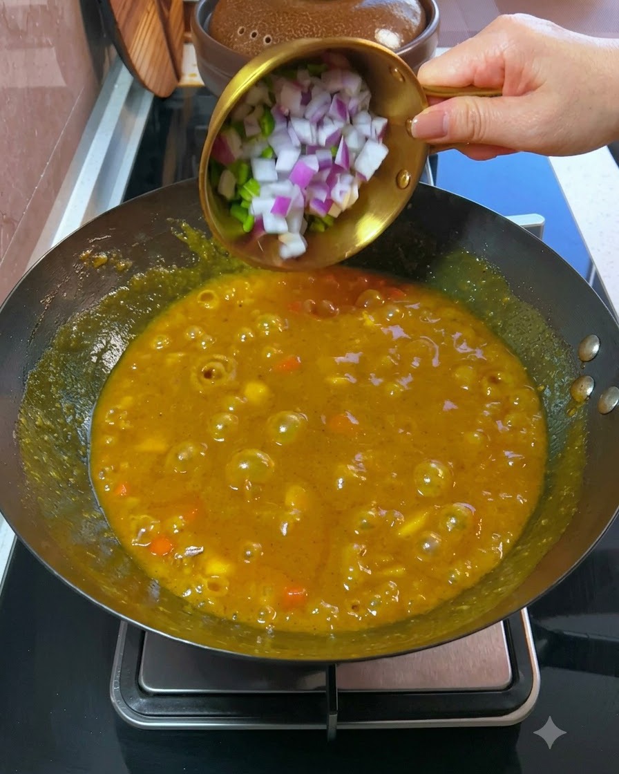 Cebollines picados y cebolla morada siendo añadidos a una salsa de curry espesa y burbujeante en el wok.