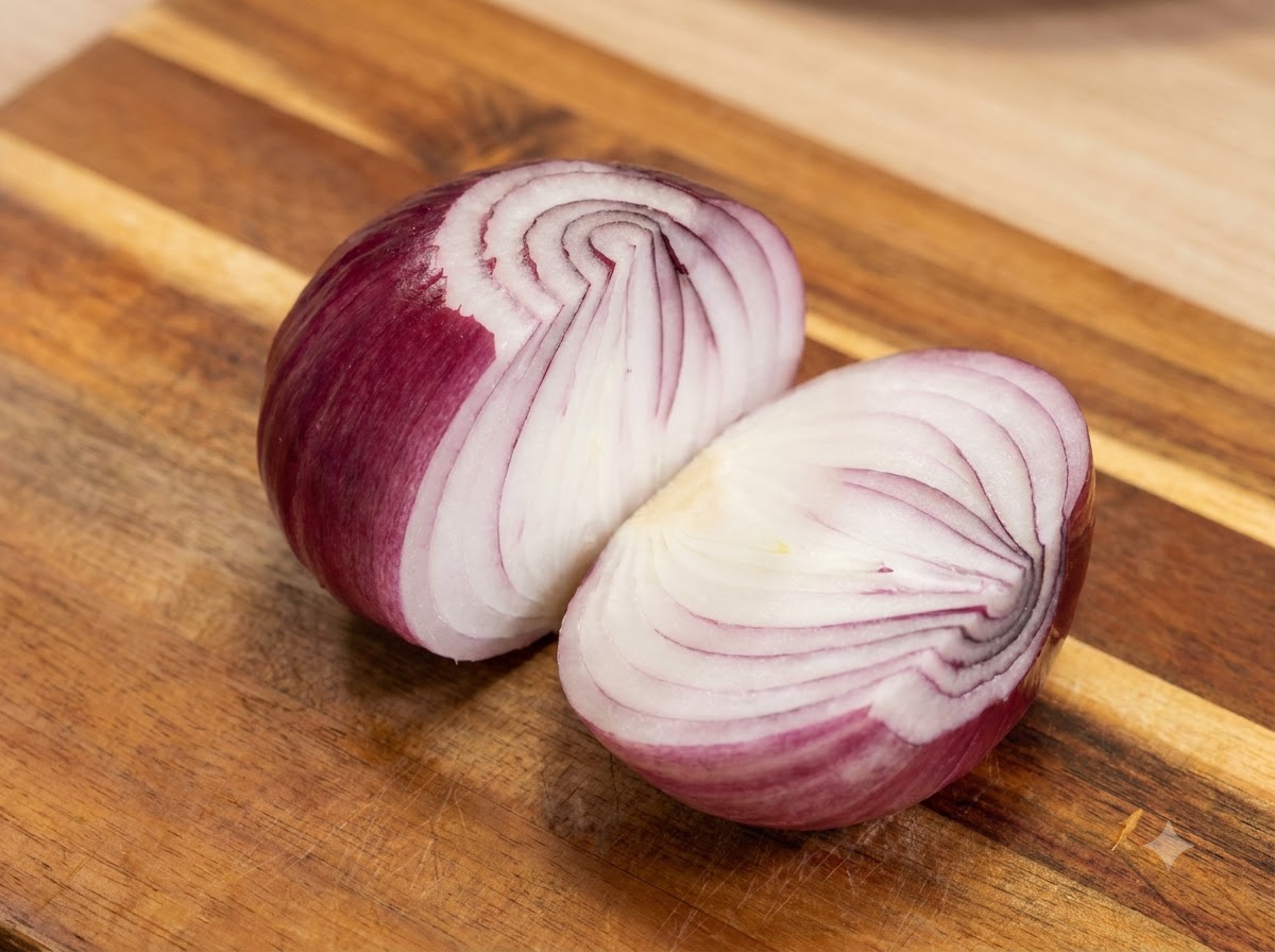Una cebolla morada cortada por la mitad apoyada en una tabla de cortar de madera.