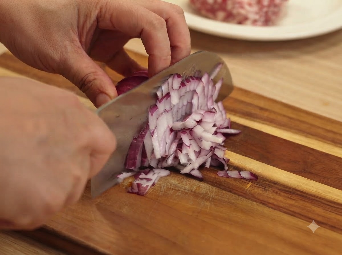 Dientes de ajo picados finamente con un cuchillo en una tabla de cortar de madera.