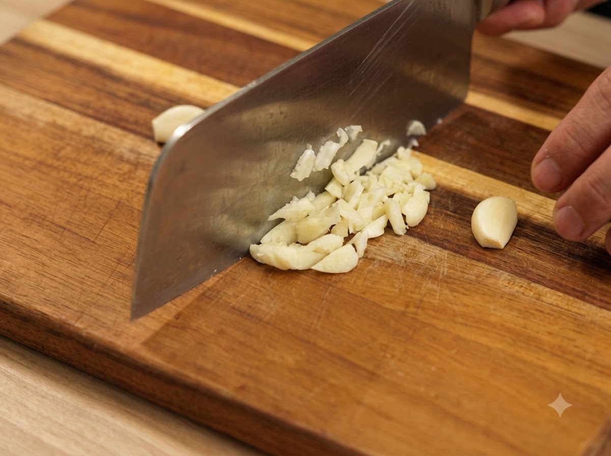 Un bloque de curry cortado en trozos finos sobre una tabla de cortar de madera.