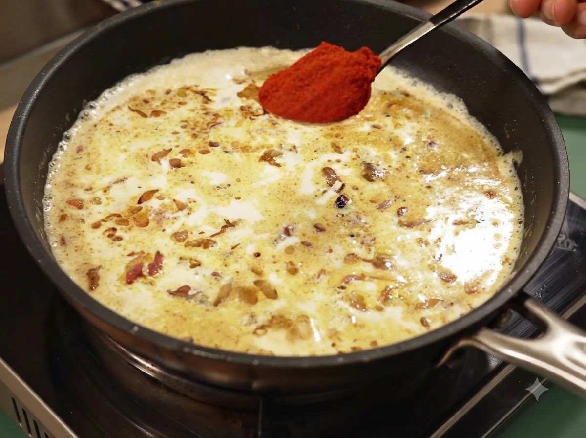 Una cuchara de pimentón dulce rojo en polvo sostenida sobre la salsa de curry cremosa.