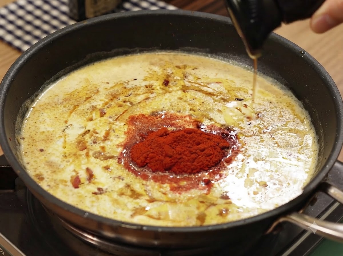 Salsa de condimento líquida oscura vertida desde un cucharón en una salsa de curry burbujeante.