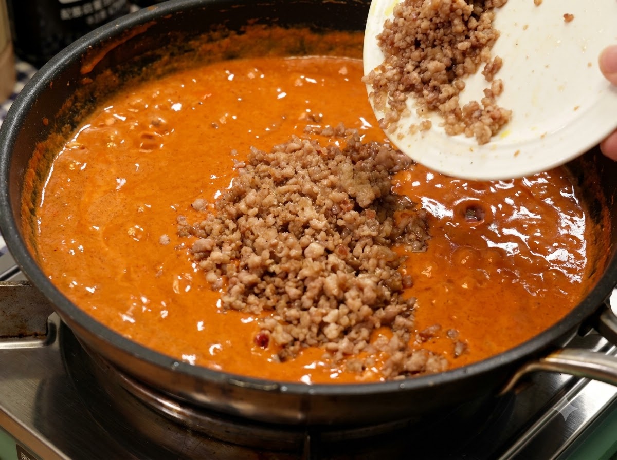 Cerdo picado cocido vertido desde un plato blanco en una sartén con salsa de curry naranja rica.