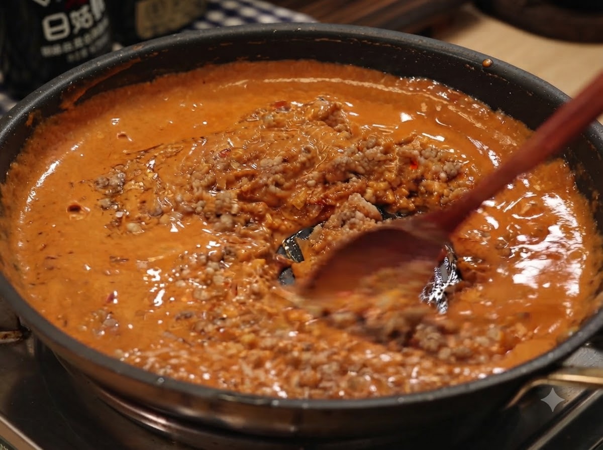 Una cuchara de madera revolviendo cerdo picado cocido en una salsa de curry naranja rica en una sartén.