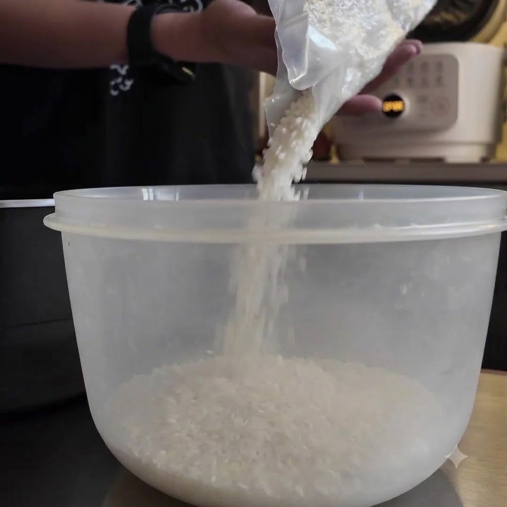 Una persona vertiendo granos de arroz blanco crudo de una bolsa de plástico a un bol transparente.