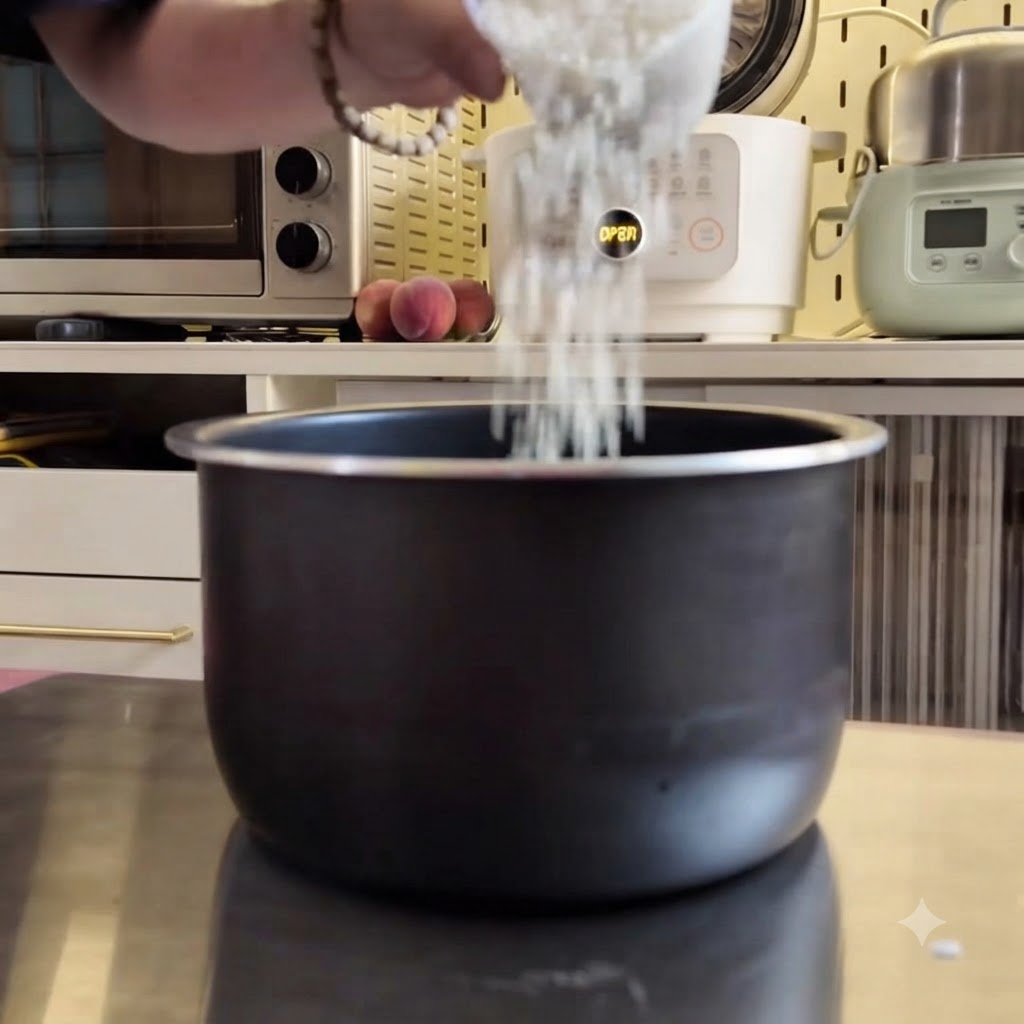 Una persona vertiendo arroz blanco lavado en la olla antiadherente de una arrocera.