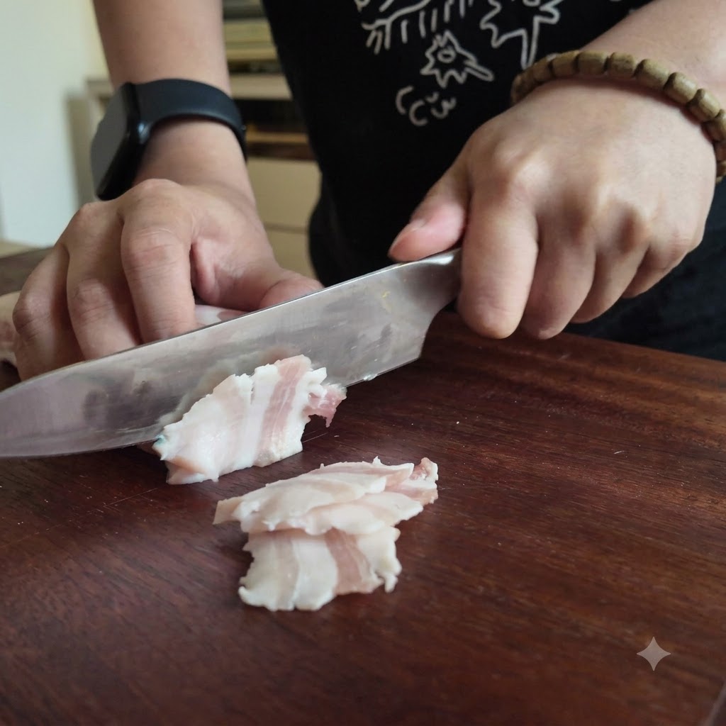 Manos usando un cuchillo de chef para cortar rodajas finas de panza de cerdo cruda en una tabla de madera.