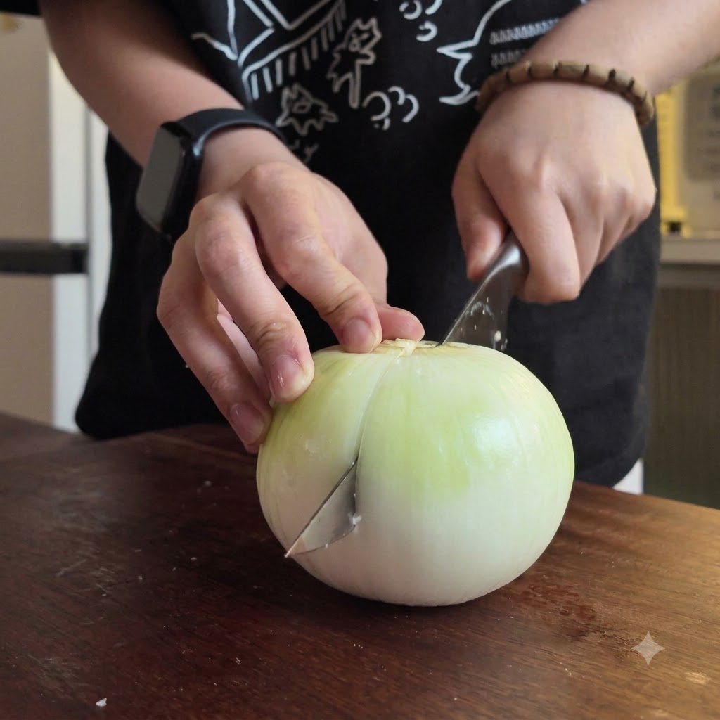 Manos usando un cuchillo para cortar una cebolla cruda cortada por la mitad en una tabla de madera.