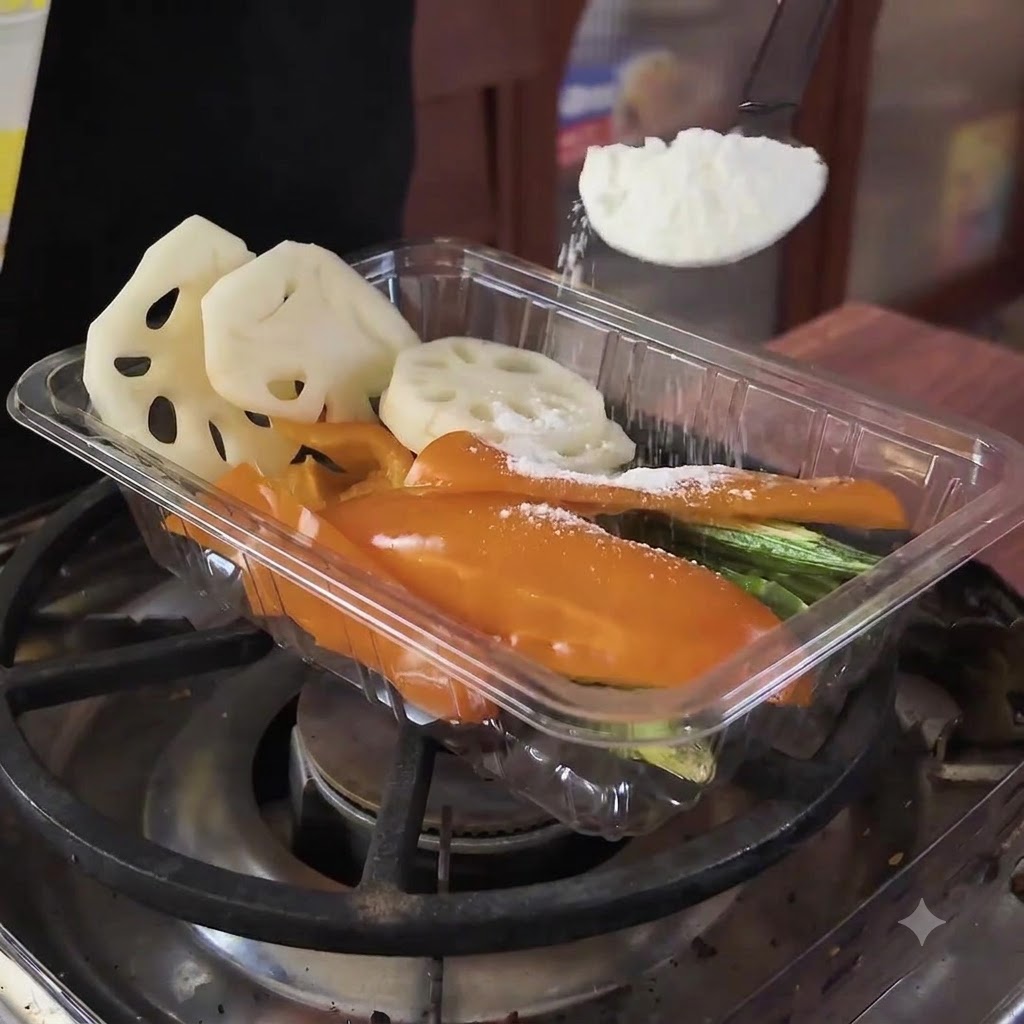 Maicena siendo espolvoreada sobre rodajas de raíz de loto, okra y pimiento naranja crudos dentro de un recipiente.