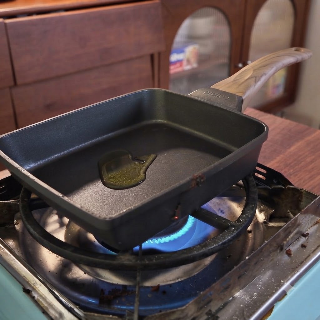 Una sartén rectangular pequeña sobre una hornilla de gas con aceite de cocina calentándose para sofreír.