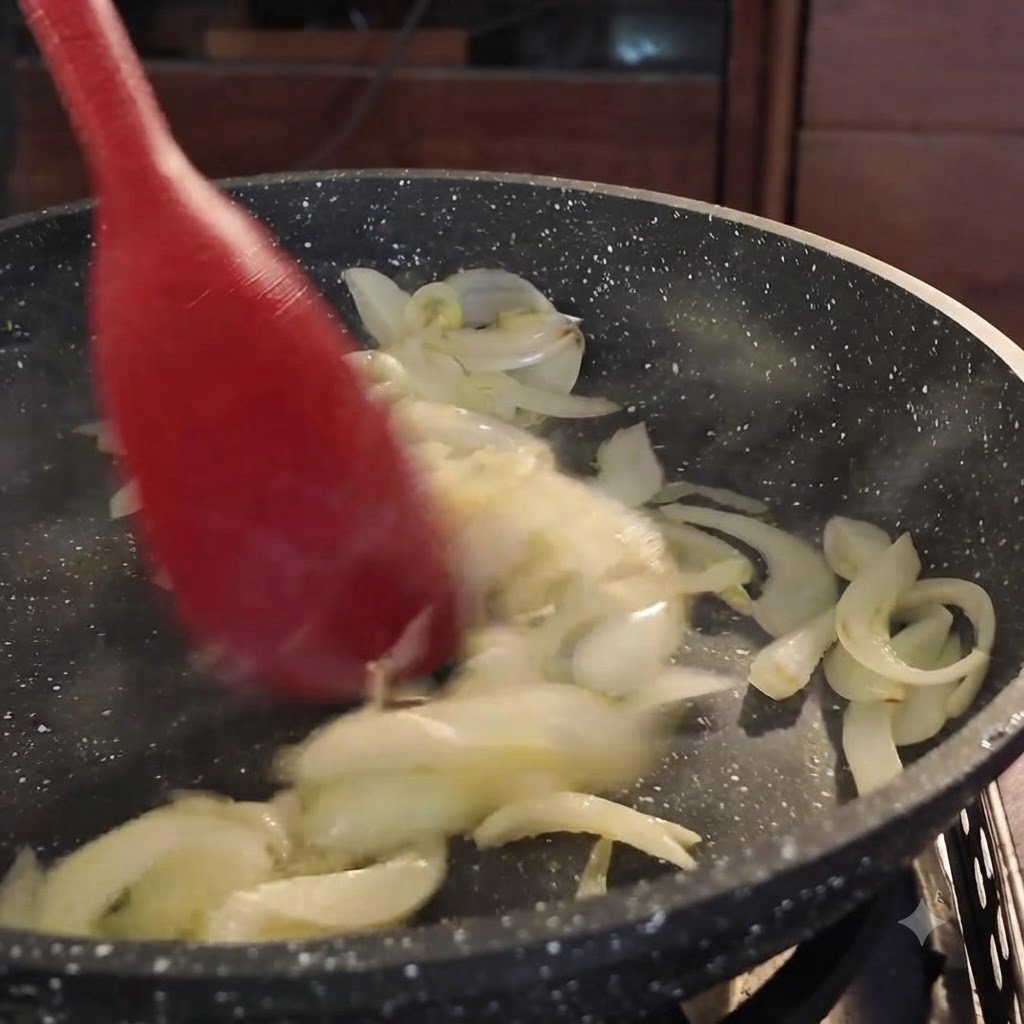 Rodajas de panza de cerdo cruda siendo mezcladas con cebollas salteadas en una sartén usando un utensilio rojo.