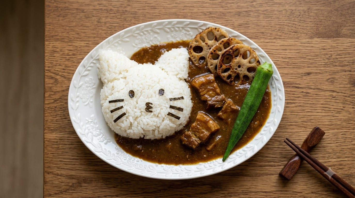 Curry rico de panza de cerdo con arroz en forma de gato