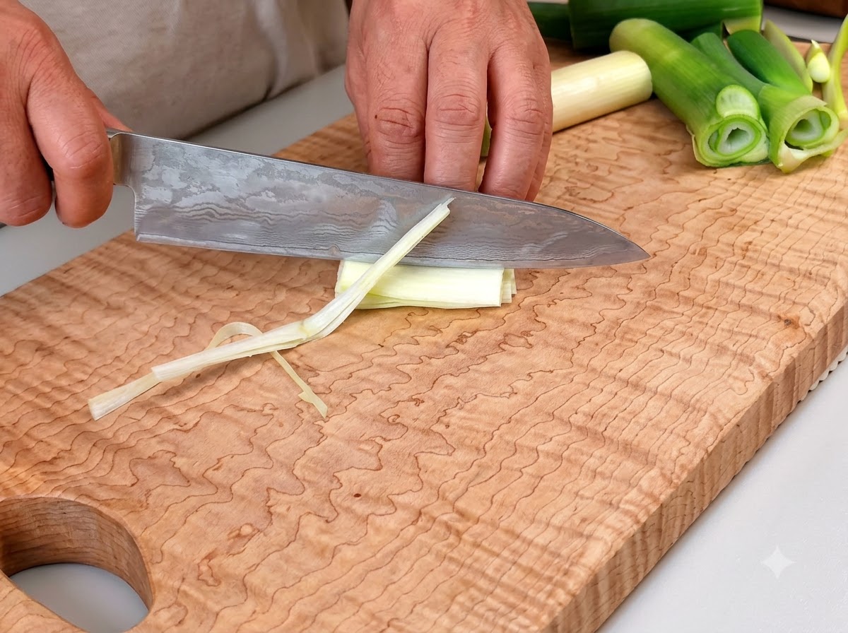 Un cuchillo de chef cortando cebolla blanca en tiras finas sobre una tabla de madera.